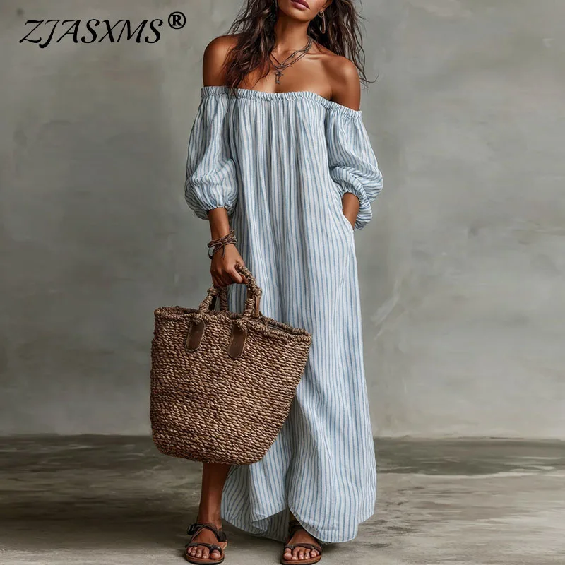 Bohemian Off Shoulder Puff Sleeve Long Dresses Woman Spring Striped Print Loose Maxi Dress 2026 Summer Hollow Pocket Beach Dress