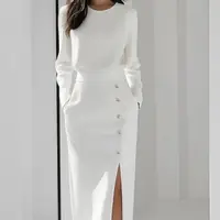 Women's  Solid Color Long Sleeves Elegant Midi Dress with Button Details and Side Slit - Crew Neck - Image 5