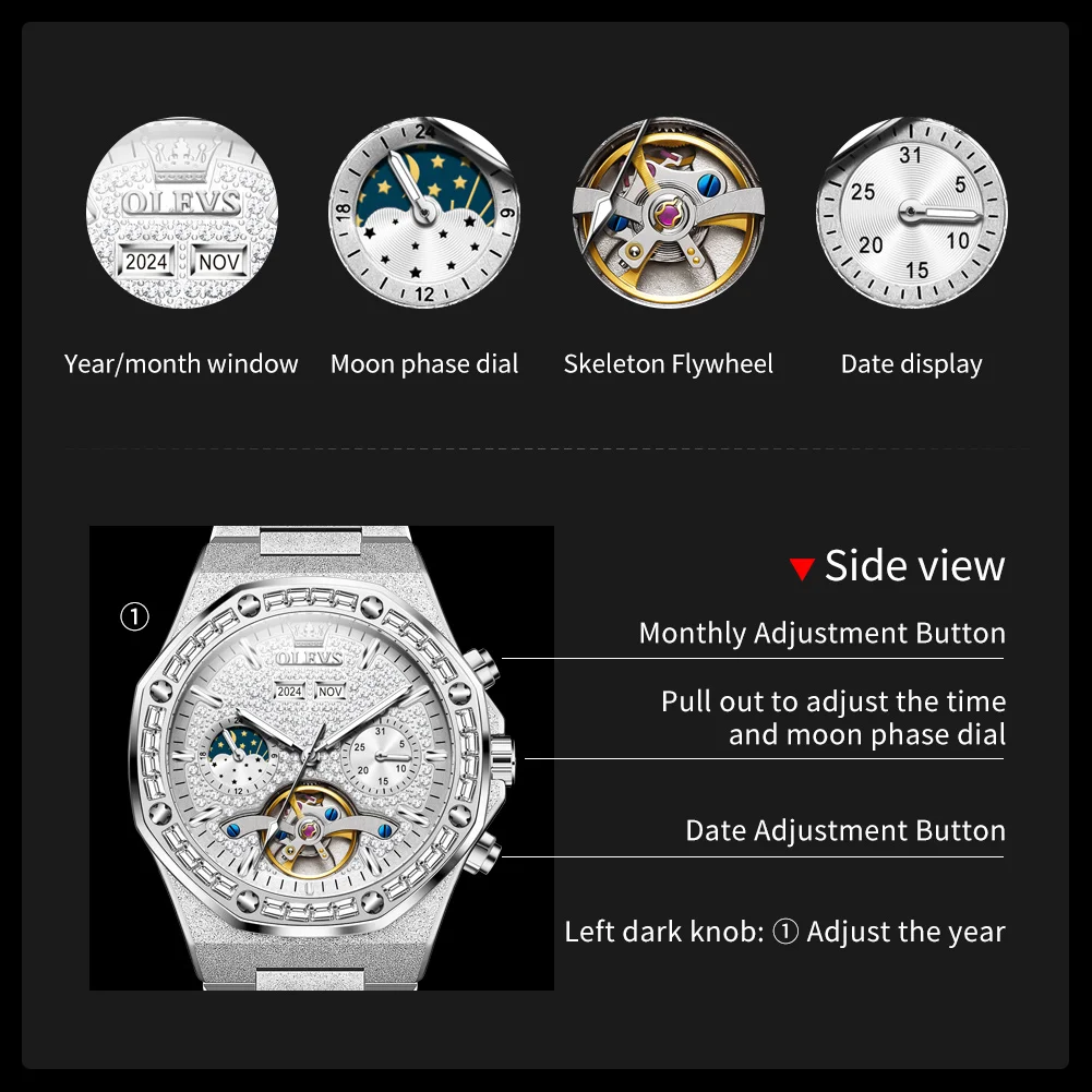 OLEVS 9805 Man Watch Hollow Skeleton Auto Date Moon Phase Waterproof Watch For Men Luxury Diamond Male Mechanical Wristwatch