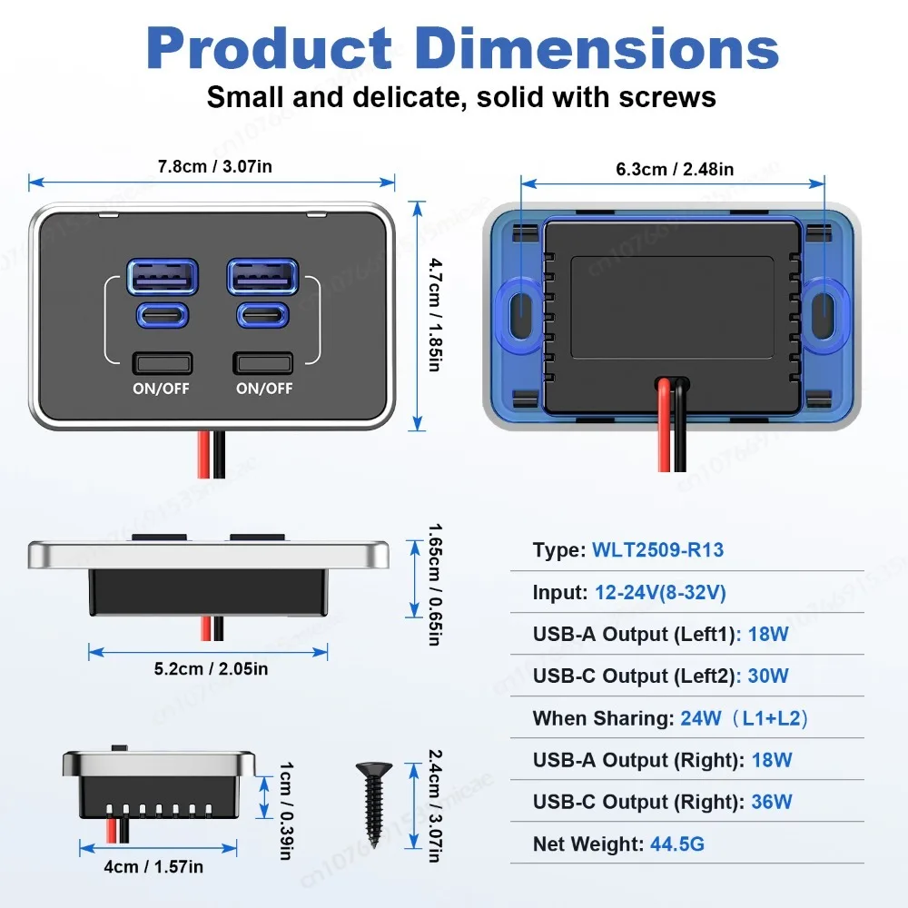 4-Port 78W High-Speed USB Charger Panel with Dual PD Type-C & QC3.0 Ports and Switch