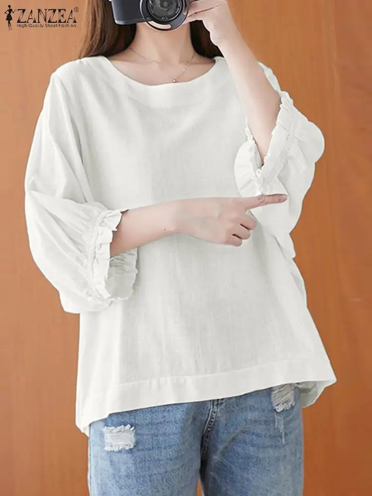 

Лето 2023, блузка ZANZEA, Женская однотонная туника, топы, осенняя Модная рубашка с оборками, Повседневная Свободная блузка с круглым вырезом и рукавом 3/4, рубашка