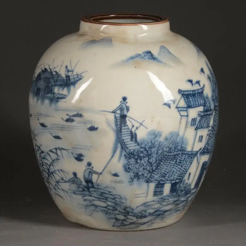 

Chinese Blue and White Porcelain Jar Qing Tongzhi Water Town Design Pot 5.7 Inch