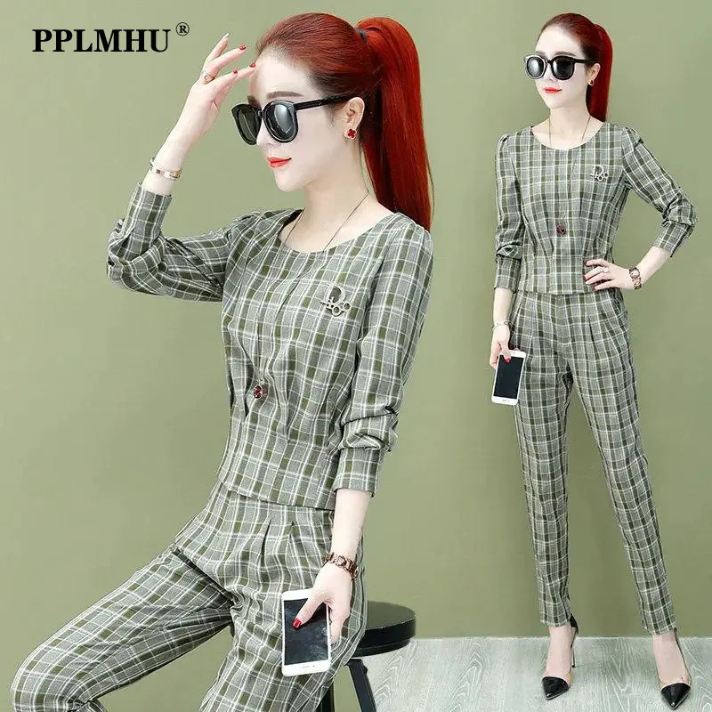 

Office Lady Korean Plaid Pantsuit Women 2022 New Two Piece Set Vintage Long Sleeve Crop Tops + Ankle Length Pencil Pant Outfits