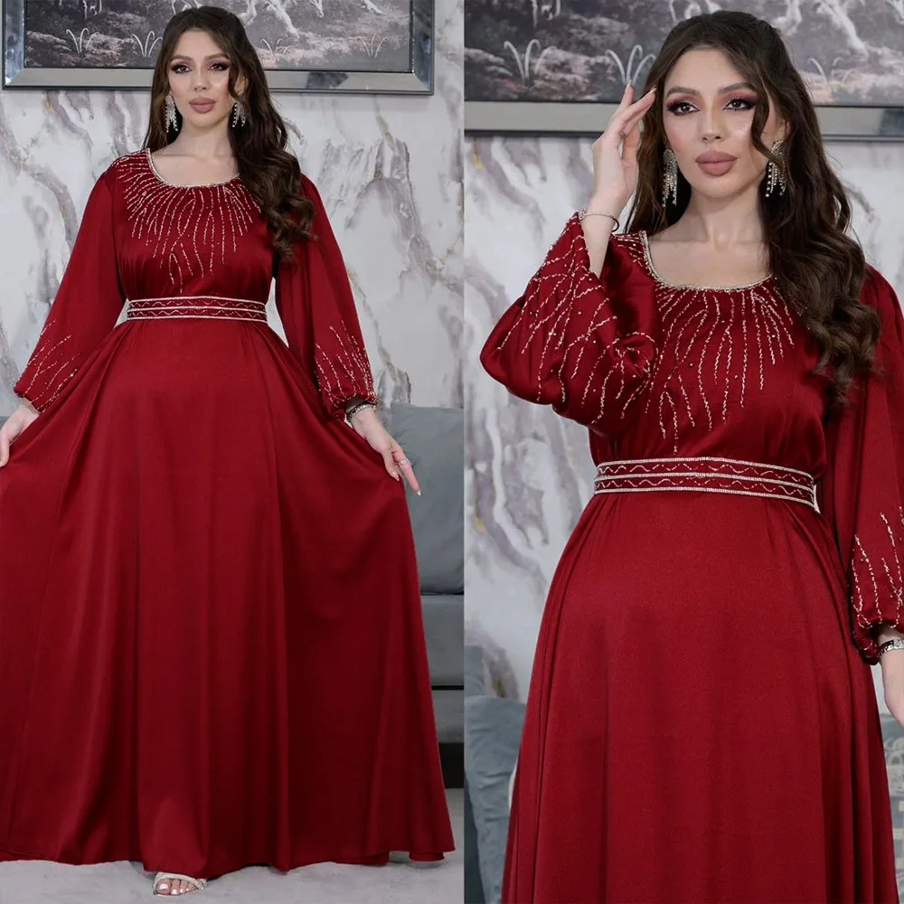 2025 Middle Eastern Dubai Women's Stylish Hotfix Diamond Belted Maxi Robe Evening Gown, Saudi Arabian Muslim Robe Long Dress 4