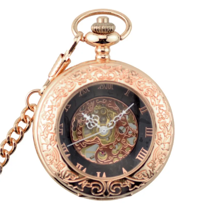 

Luxury Rose Gold See Though Sketen Steampunk Case Men's Hand Wind Mechanical Movement Pocket Watch with Fob Chain Best Gift