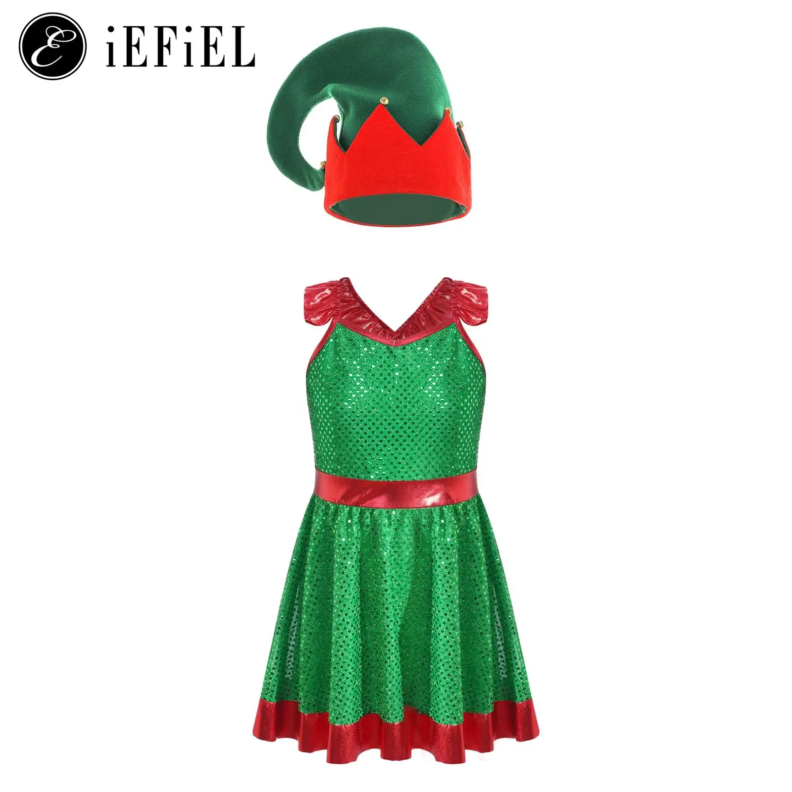 

Kids Girls Christmas Elf Costume Santas Helper Dresses with Xmas Hat Festive Outfit Holiday Cosplay Party Role Play Dress Up