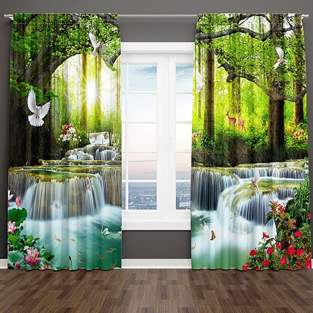 3D-Birds-Wild-Flowers-Forest-Water-Pool-Waterfall-Landscape-Curtains ...