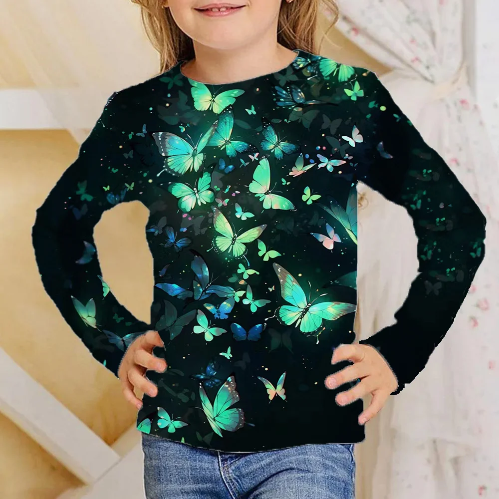 Vestiti ragazze da 4 a 12 anni farfalla glow nero manica lunga t-shirt bambini 2023 moda autunno top per bambini magliette