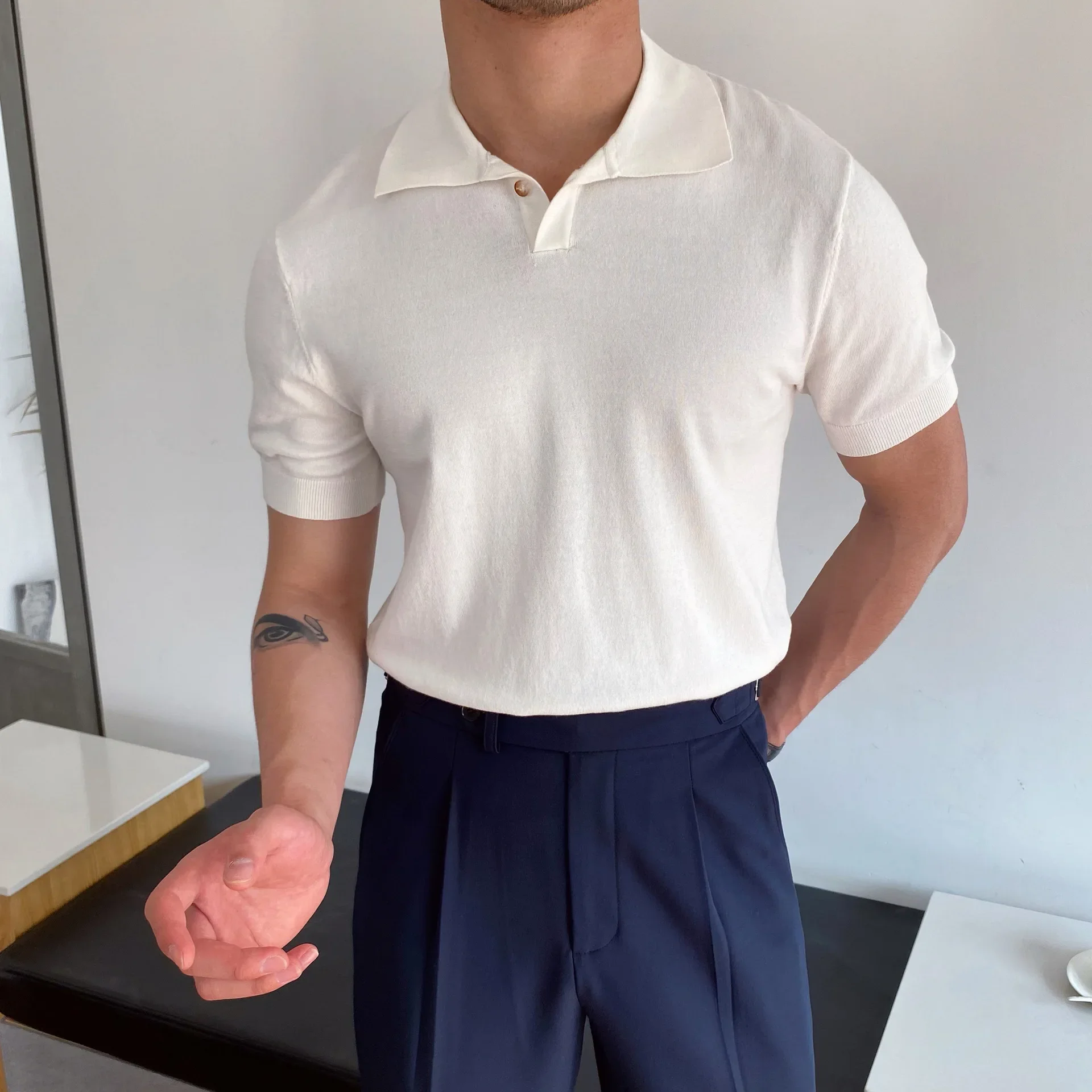 قميص بولو بأكمام الكوع للرجال ، تي شيرت بياقة بولو...