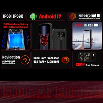 HOTWAV Rugged Large Battery Smartphone Android 12 Mobile Phone 13 MP Camera Cellphone W10 IP68 IP69K 6.53'' HD+ 4GB 32GB 2