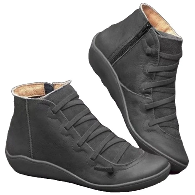 Women Winter Snow Boots PU Leather Ankle Boots Spring Flat Shoes Woman Short Brown Botas With Fur for Women Lace Up Botas Mujer