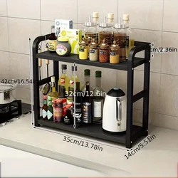 2 - Tier Metal Countertop Shelf - Space - Saving Organizer for Kitchen Essentials, Rustproof Finish (Black)