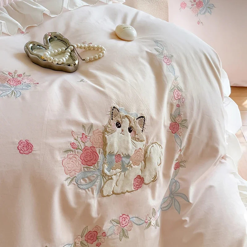 Pink Pure cotton cute cartoon cat embroidery 3/4Pcs Girls children's room bedroom bedding set ins style quilt cover bed sheet