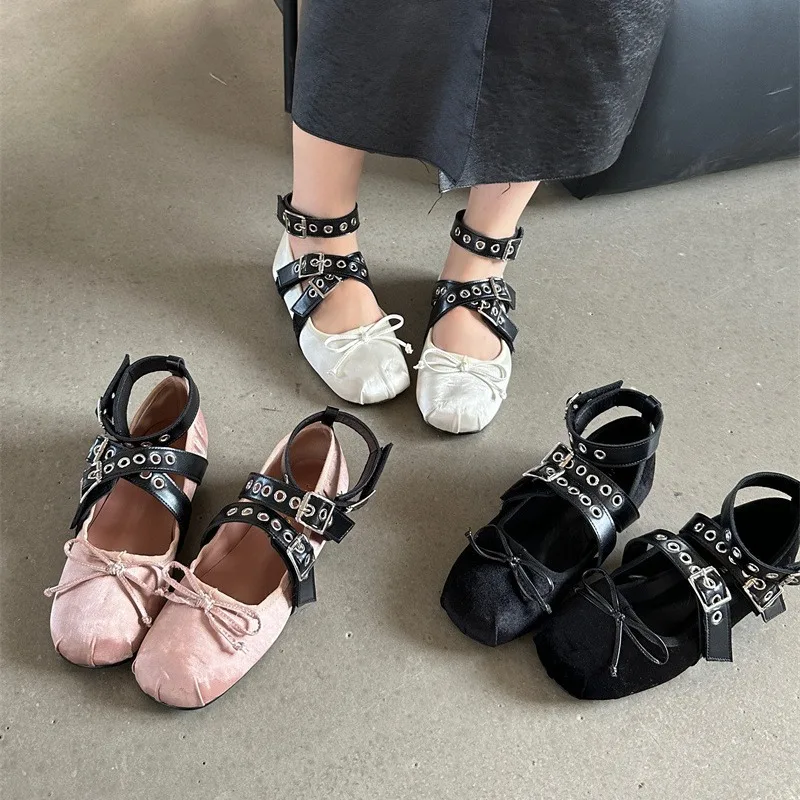 Fashion Bow Belt Buckle design women's mary jane shoes Casual Comfy Cross-tied Round Toe Ballet Flats elegant Ladies Lolita Shoe 3