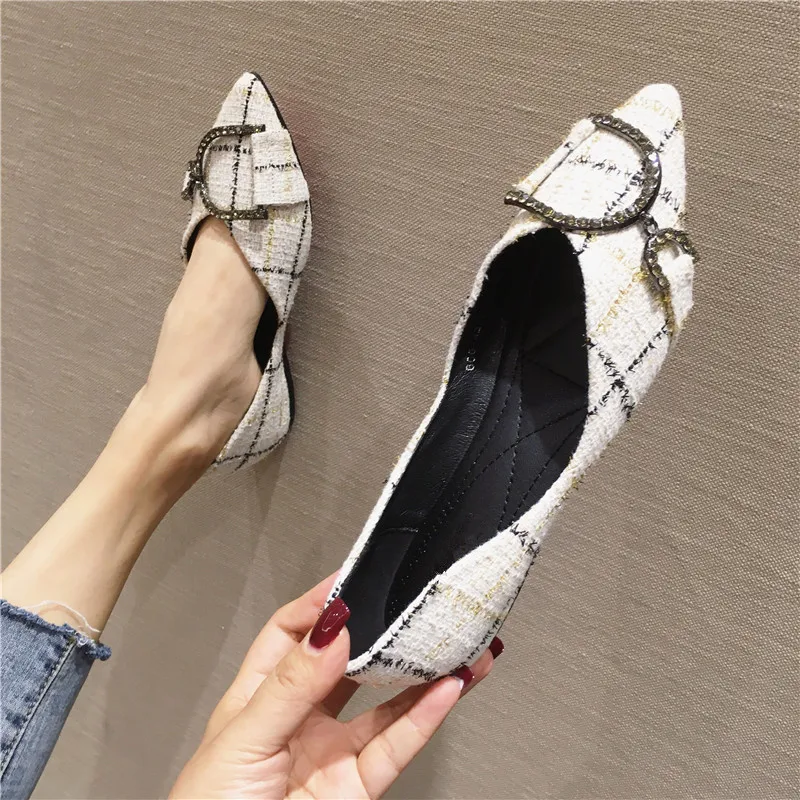 

New Women's Flats Fashion Gingham Cotton Fabric Pointed Toe Single Shoes Woman Metal Decoration Casual Flat Shoe zapatos de muje