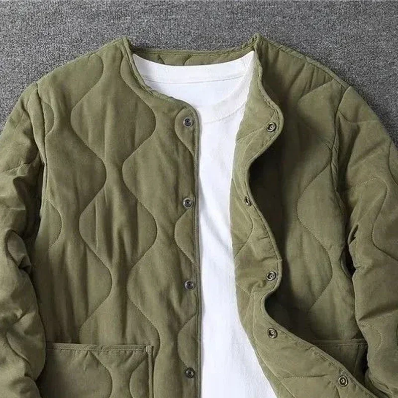 2023 Autumn Winter O-neck Quilted Jacket Men's Versatile  Green  Retro Thickened Coat Men Techwear Button Up Oversize Jacket 4