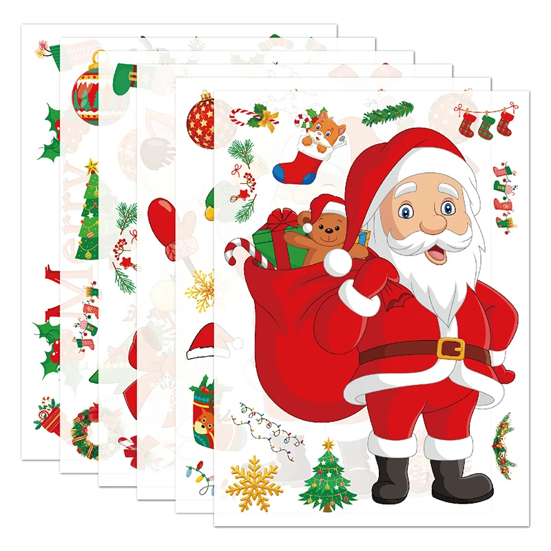 6pcs Christmas Decorative Glass Window Stickers Santa Claus Snowman Elk Scene Layout Electrostatic Wall Sticker Xmas Ornaments