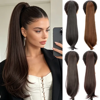 Extension per coda di cavallo con clip a becco d'anatra da donna, capelli sintetici lunghi e lisci con micro-lisciatura, aggiunge volume e lunghezza, perfetti per l'uso quotidiano