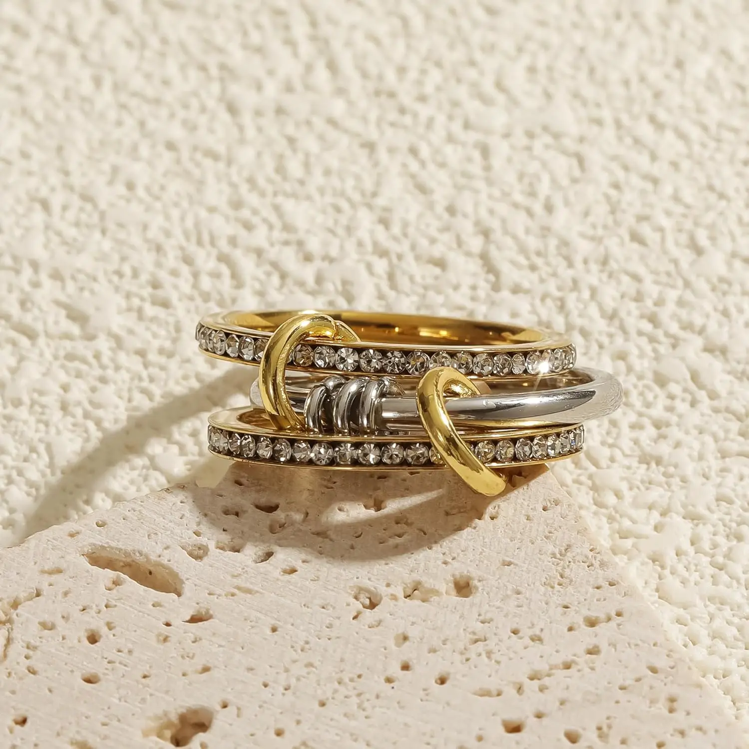 Stainless Steel Cubic Zirconia Stackable Rings for Women 18k GoldPlating Multi-Link Connected Statement Ring Stack Jewelry