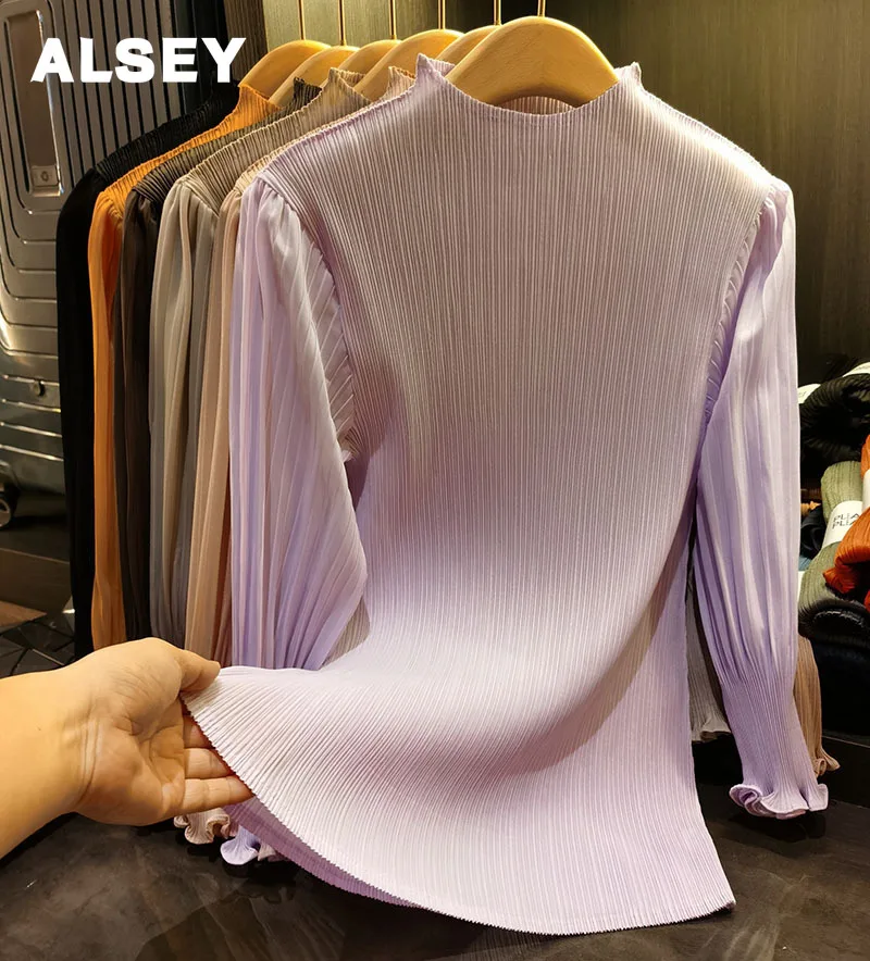 

ALSEY Miyake Versatile Slim Pleated Top Elegant Standing Collar Solid Color Puffy Sleeve Patchwork T-Shirt Women Spring New
