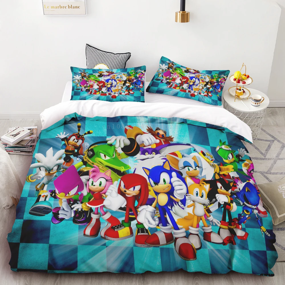 Juego de funda nórdica de 3 piezas con estampado de animación digital 3D de Sonic, suave, textil para el hogar, 100 % poliéster, tamaño king, regalo para adolescentes, decoración del hogar