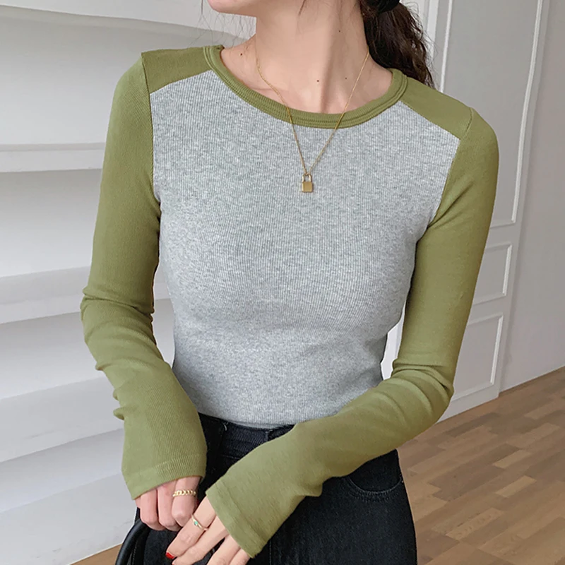 

2023 Autumn Screw Thread T Shirt For Women Patchwork Long Sleeve Tee Shirt Femme Elasticity Casual Crop Tops Camisetas De Mujer