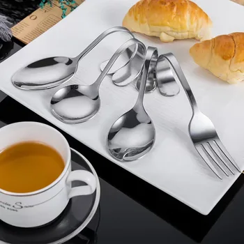 Manico curvo Cucchiaino da caffè in acciaio inossidabile Forchetta Stoviglie per la casa dei bambini Cucchiaino da zuppa Cucchiaini Utensili da cucina 1