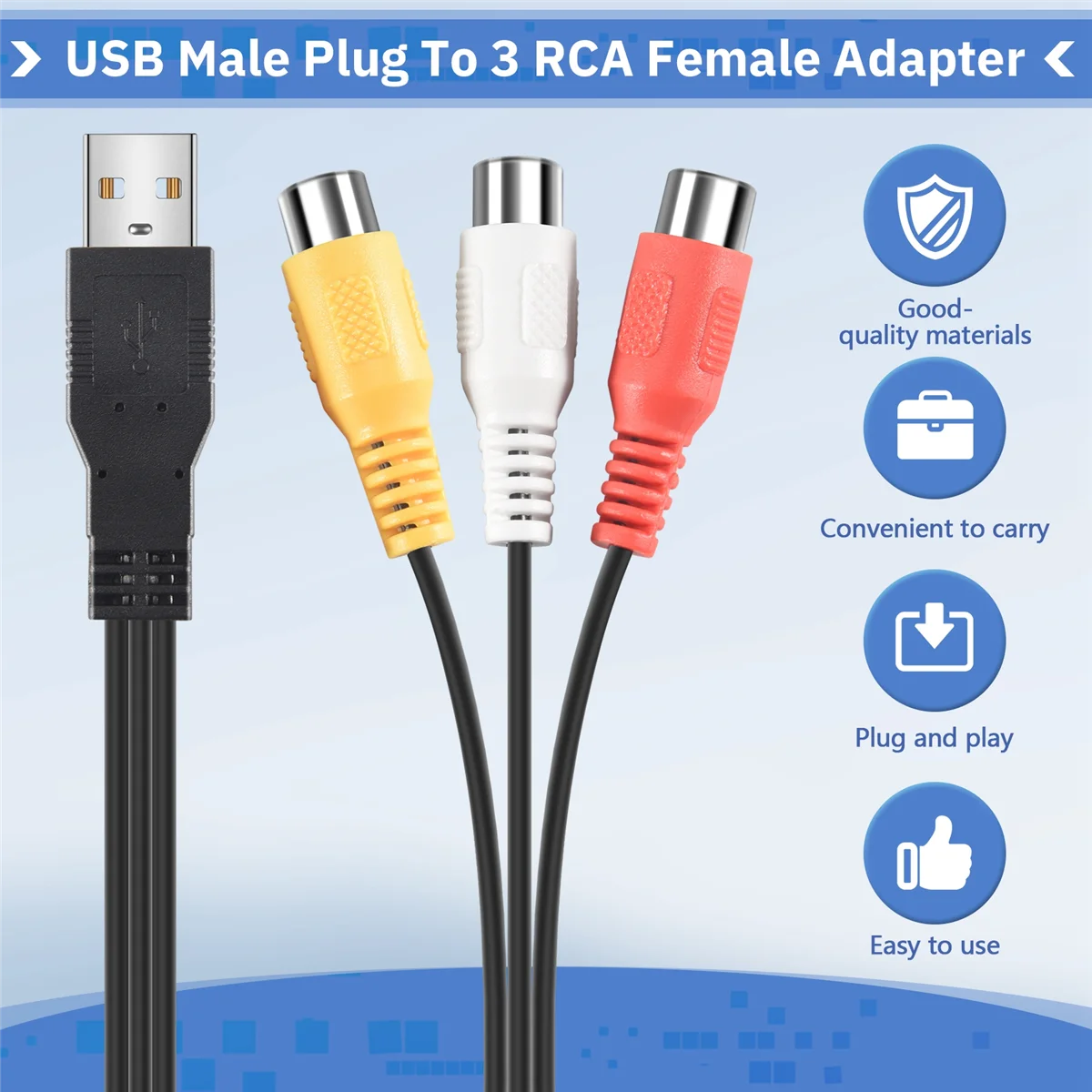 USB 수 플러그 to 3 Rca 암 어댑터, 오디오 컨버터, 비디오 AV A/V 케이블, USB to Rca 케이블, HDTV TV 텔레비전 와이어 리치, 1 개
