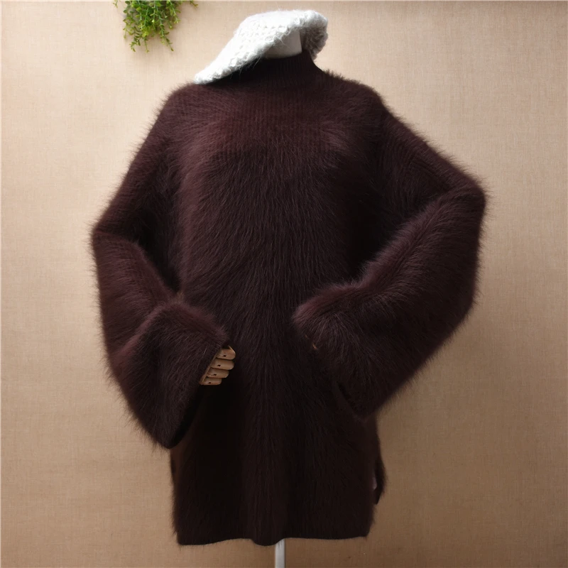 

female women autumn winter thick warm striped mink cashmere knitted long flare sleeves turtleneck loose pullover jumper sweater