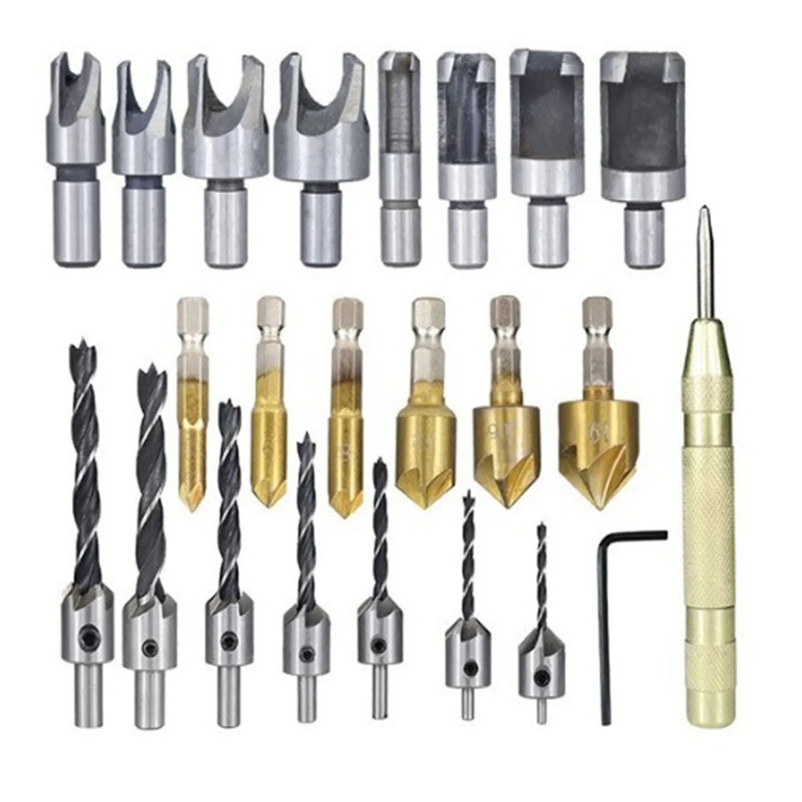 

23pcs Hole Drilling Bit Set With Wood Plug Cutter 1/4in Hex Countersink Drill Bit L Wrench Screw Counterbore Pilot Bits Set