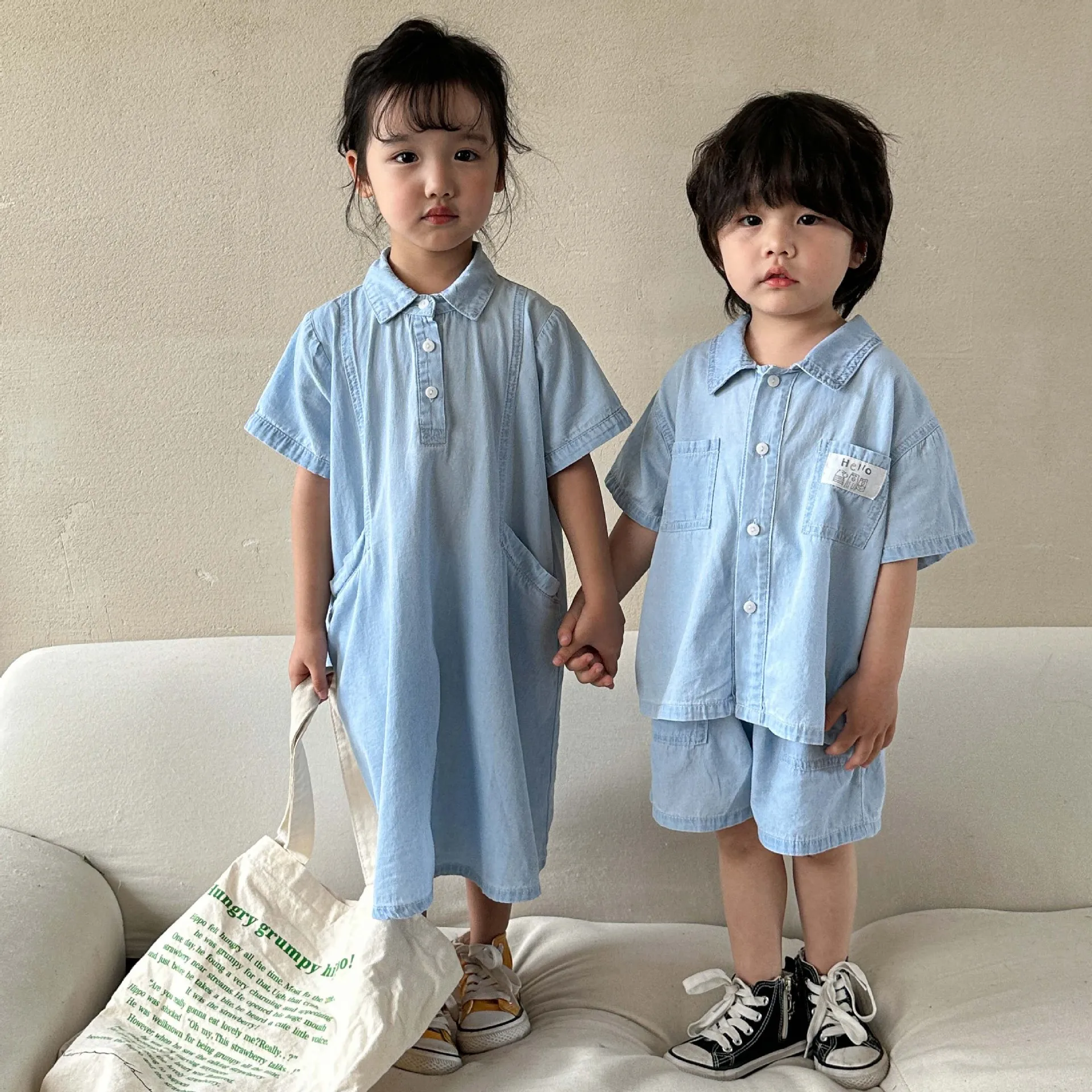 

6577C Children's Clothes Brother Sister Clothes 2023 Summer Boys' Denim Suit Short Sleeve Shirt+Short Or Girl's Denim Dress