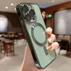 Luxury Electroplate Glitter Soft Bumper Phone Case with Magsafe Wireless Charging Compatibility for iPhone 15 Plus (Alpine Green)