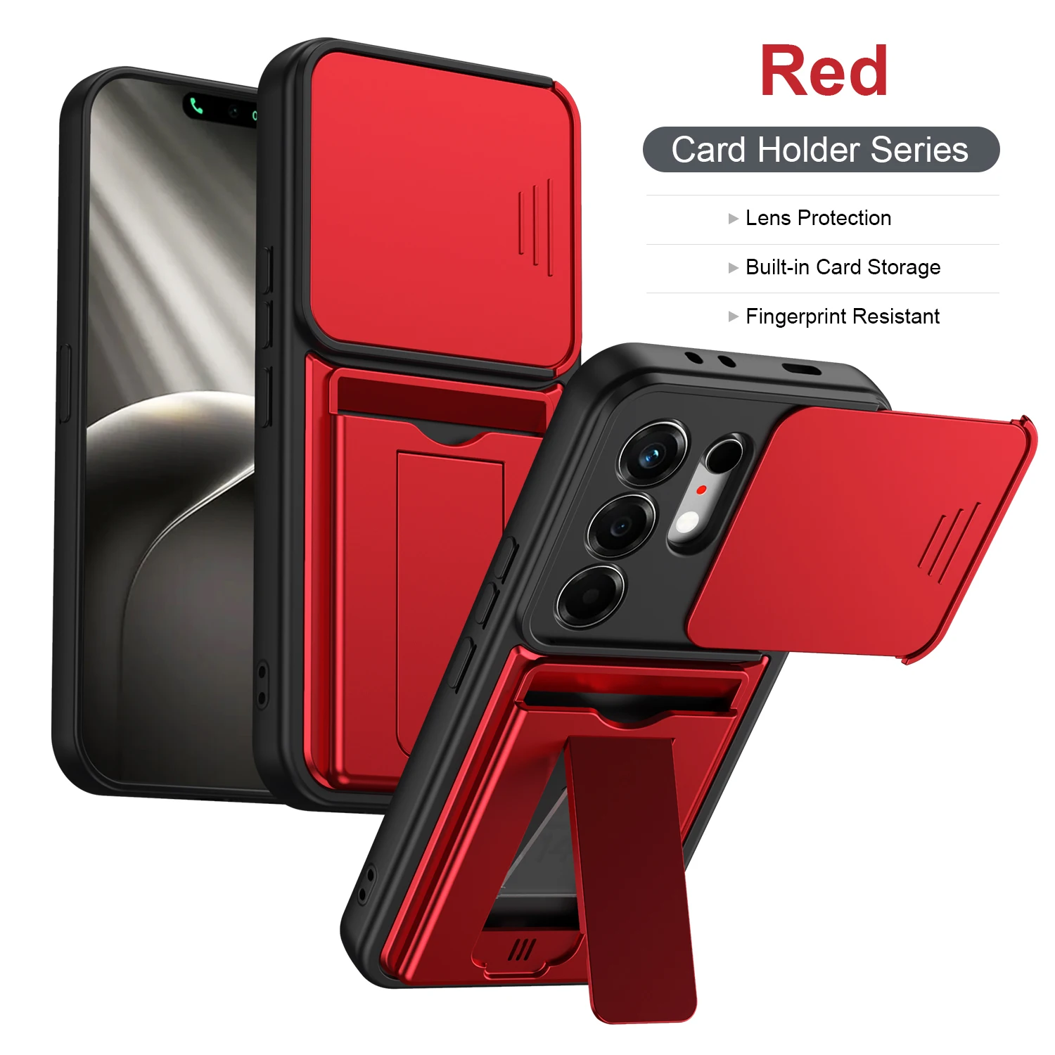 Enhanced Shockproof Armor Phone Case with Slide Lens Cover, Card Holder, and Kickstand