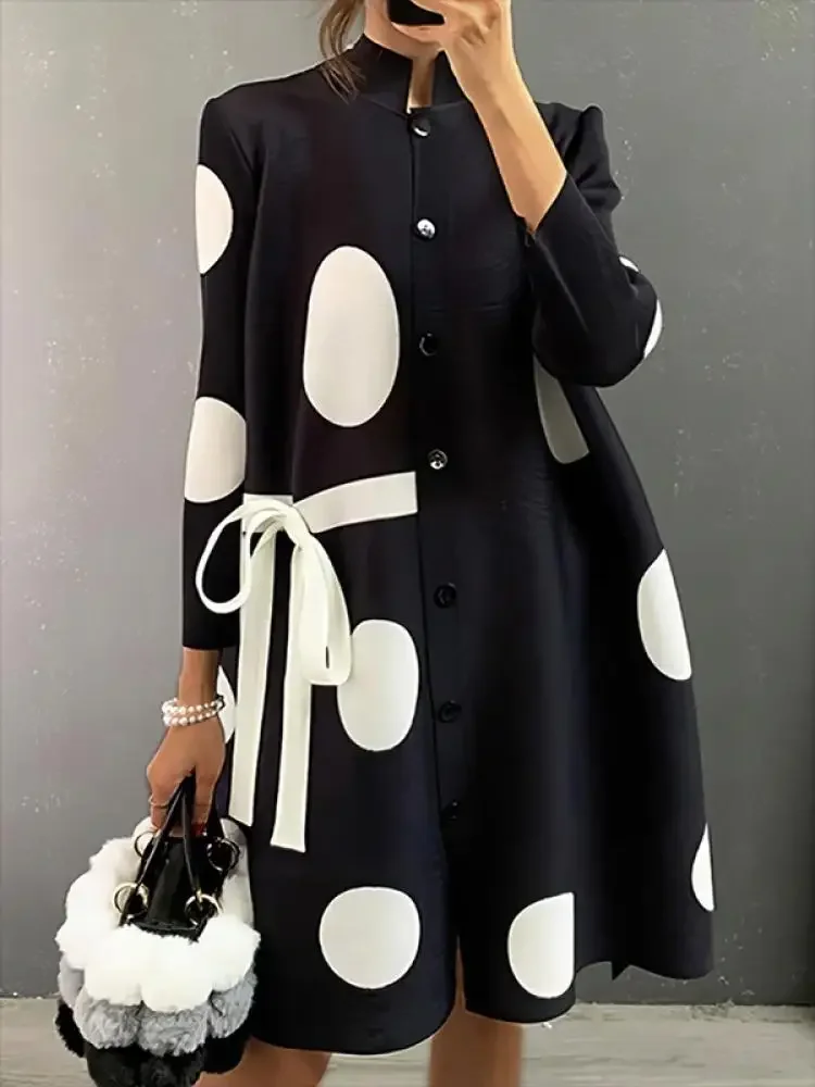 

Gymystars Stylish Polka-Dot Tied Stand Neck Elegant Party Midi Dress For Women Spring Autumn Long Sleeve Loose Shirts Dresses