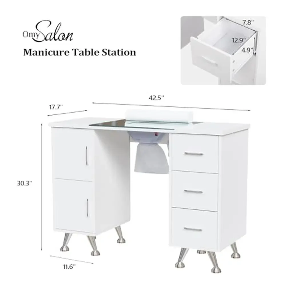Nail Desk with Glass Top & Dust Collector Salon Workstation Storage Beauty Table Ergonomic Design Multi-use Manicure Desk
