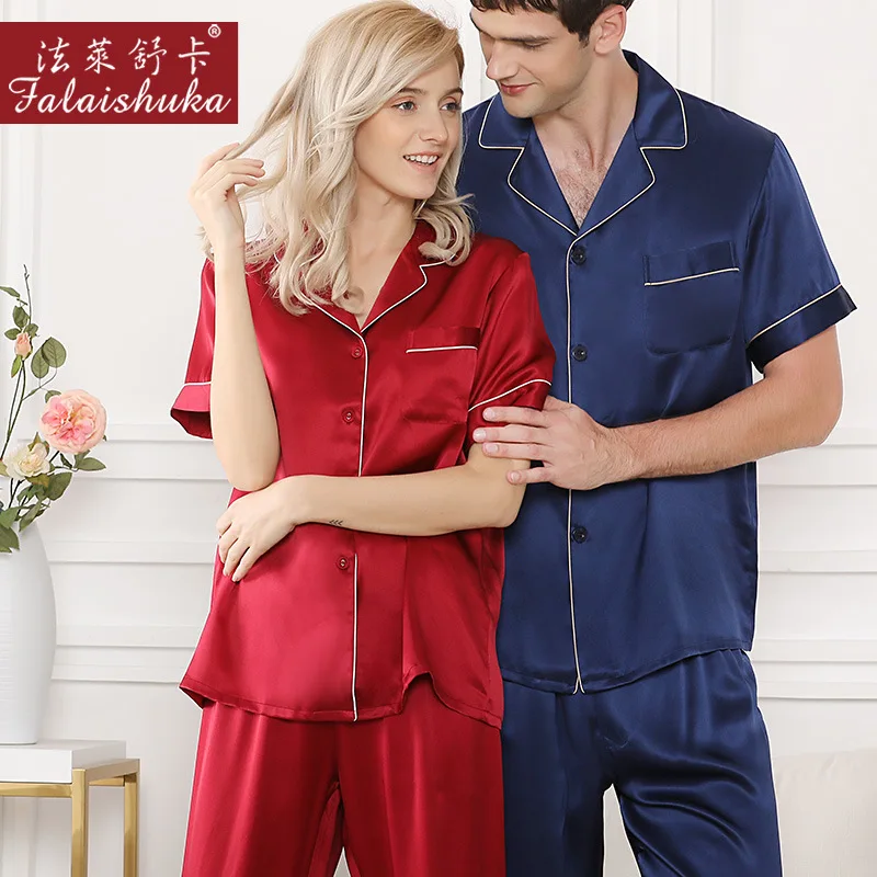 

19 momme Summer 100% genuine silk sleepwear women Couples men pajamas sets wedding short sleeve trousers pyjamas T9057QL