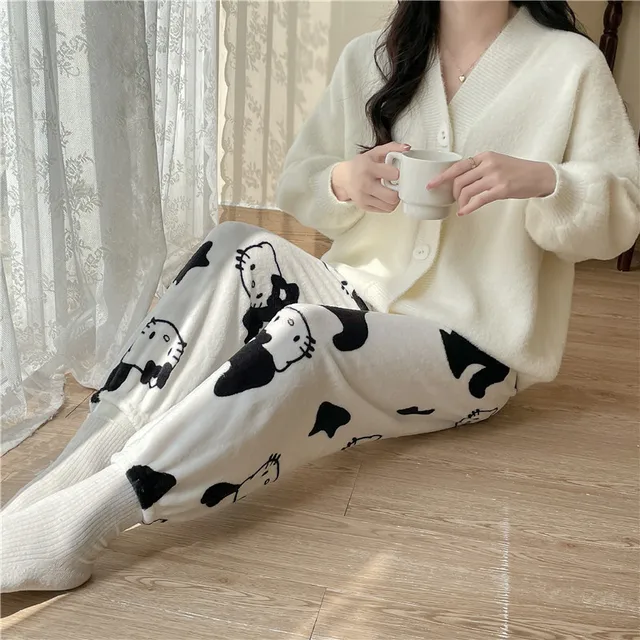 2023 Nouveau Sanrio Hello Kitty Pyjama Noir Rose Anime Flanelle Femmes  Chaud Laine Blancdessin animé Casual Pantalon À La Maison Pantalon De Mode  D'automne