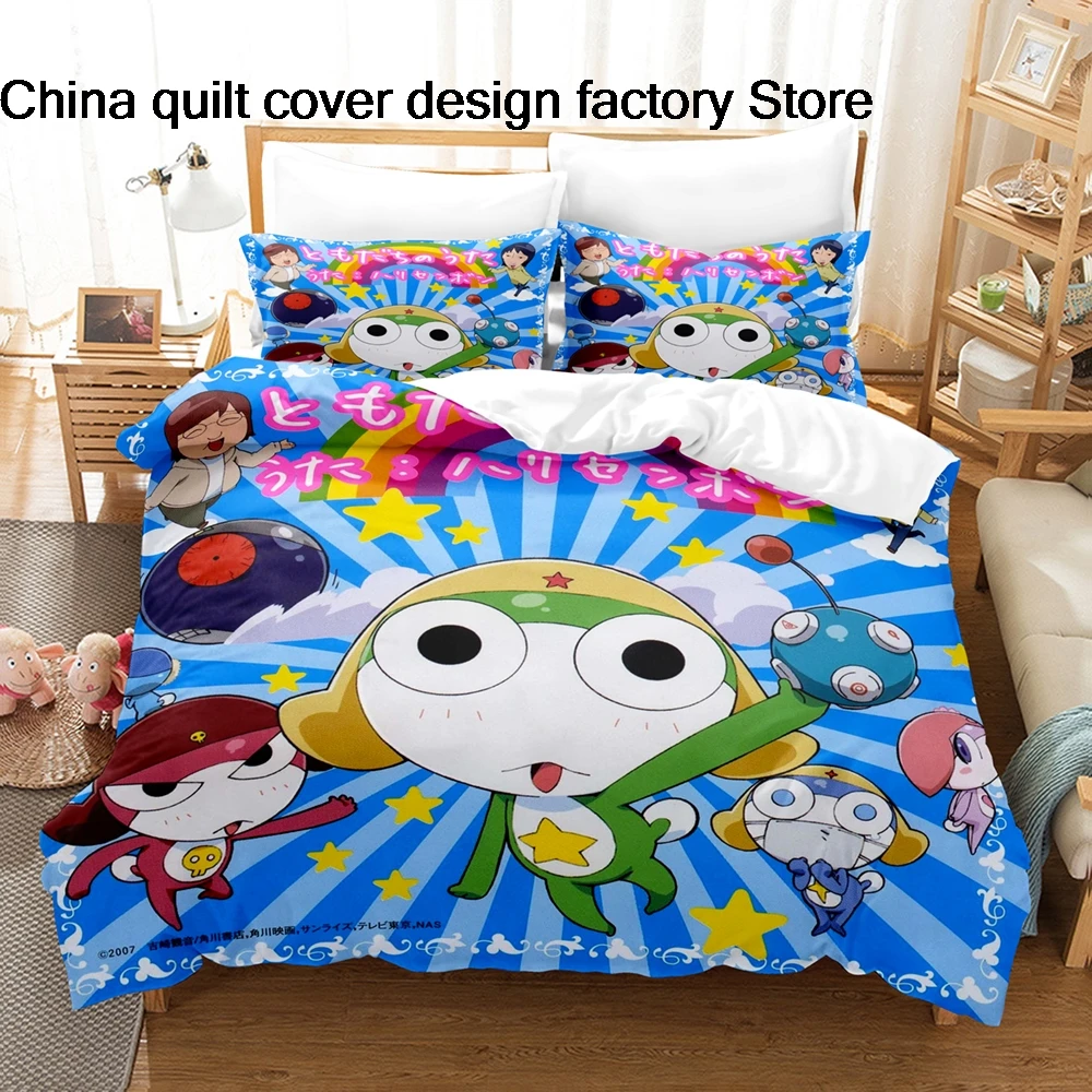 Keroro Gunso 침구 세트 3PCS Sgt Frog 애니메이션 프린트 이불 커버 모든 크기 팬 침실용으로 맞춤 제작 가능