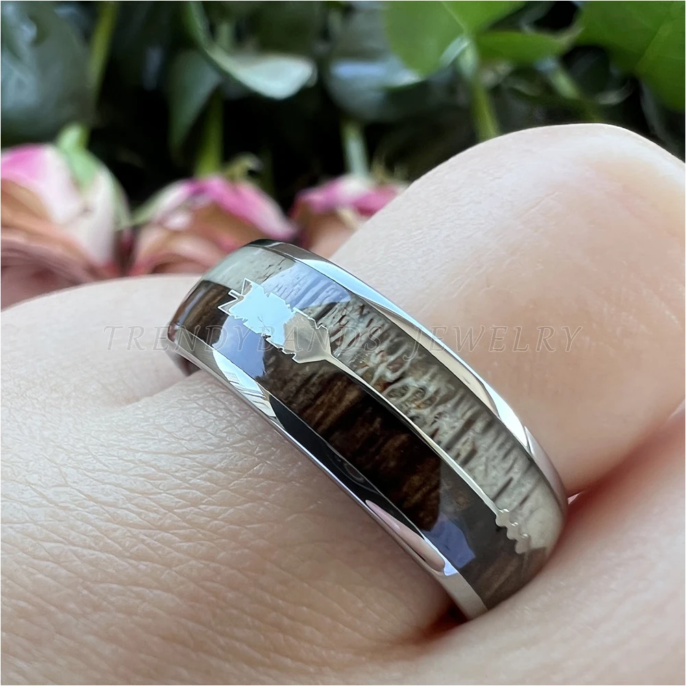 8mm Hartmetall Engagement Ringe für Männer Frauen Hochzeit Bands Koa Holz Pfeil Deer Geweih Inlay Poliert Glänzenden Komfort fit – Detail 5