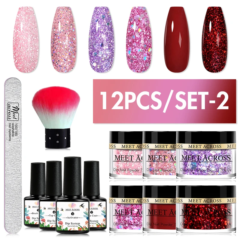 MEET ACROSS 12Pcs/Set Crystal Nude Pink Dipping Nail Powder Set No Need Lamp Nail Art Dipping Powder System Gel Polish Kit