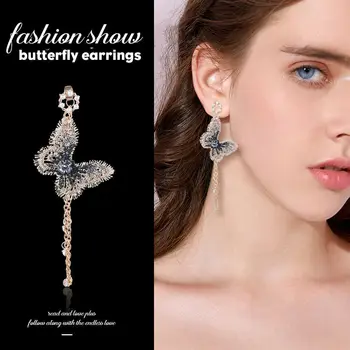 1Pair Korean Trendy Butterfly Crystal Pearl Earrings Temperament Tassel Earrings Fashion Women's Earrings 2