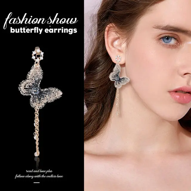 1Pair Korean Trendy Butterfly Crystal Pearl Earrings Temperament Tassel Earrings Fashion Women's Earrings 2