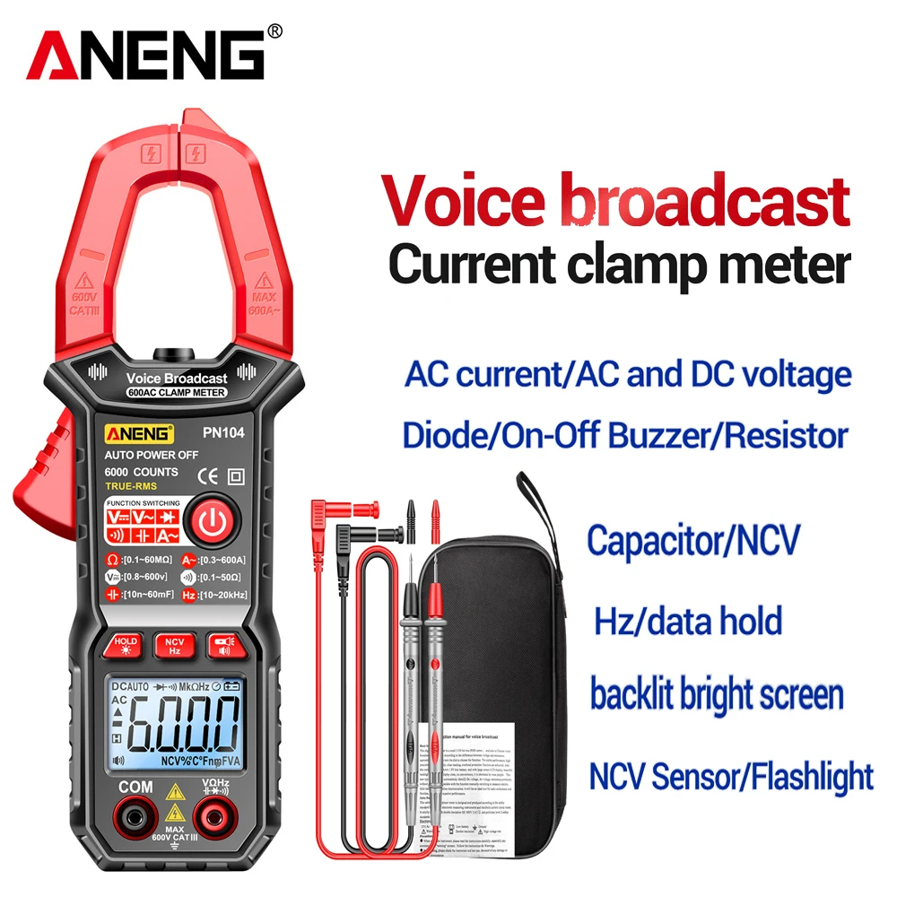 ANENG PN104 Voice Broadcast Multimeter Clamp 600A Digital Clamp Meter