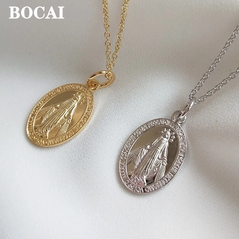 BOCAI Real S925 Silver Jewelry Fashionable Exquisite and Minimalist Personalized Round Label Maria Necklace Pendant for Women