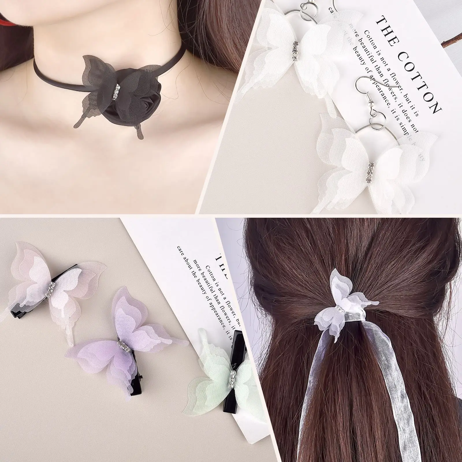 20pcs/Bag 3D Organza Butterfly Rhinestone DIY Handmade Craft Clip Earrings Jewelry Decor Embroidery Patch Garment Accessories