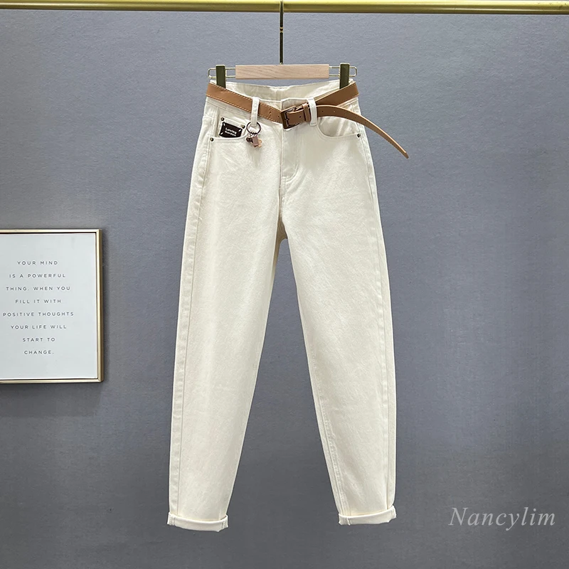 Khaki Harem Jeans Women's Apricot Denim Trousers 2024 Spring New Cotton Elastic High Waist All-Matching Solid Color Denim Pants
