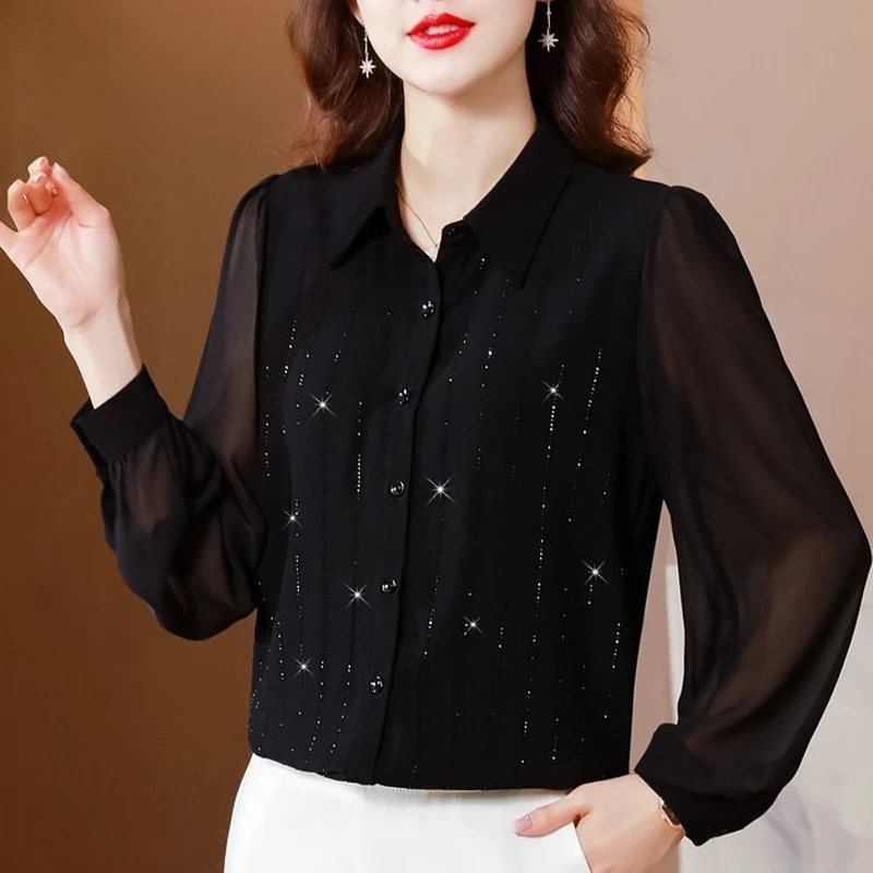 Spring Autumn New POLO Collar Long Sleeve Single Breasted Shirt Women Rhinestone Vintage Elegant All-match Temperament Blouse