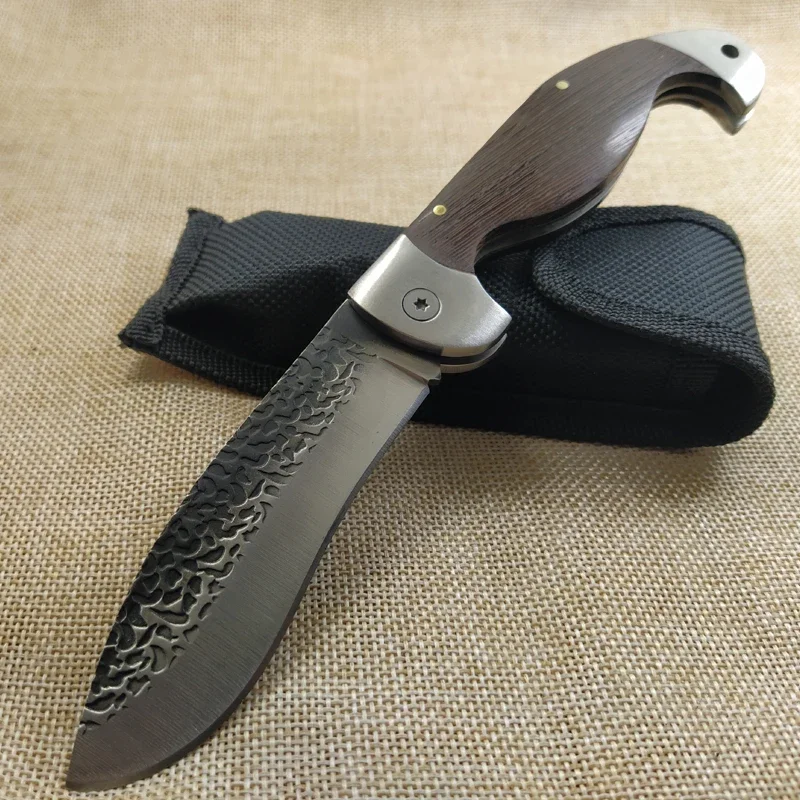 

8.2'' Knives Damascus Folding Knife 7Cr13Mov Blade Redwood Steel Handle Hunting Survival Tactical Outdoor Camping Knife +Sheath