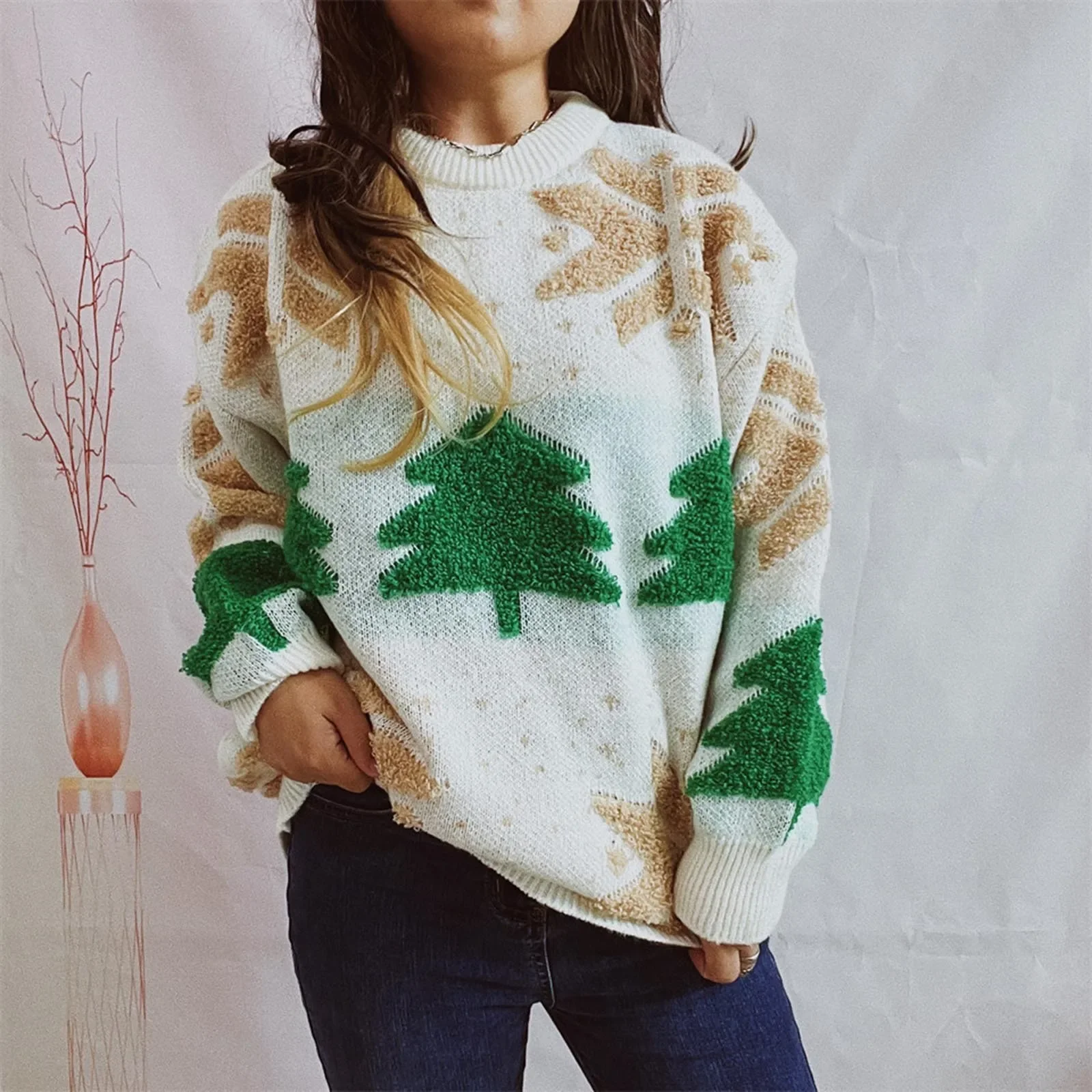 Suéter rojo navideño para mujer, jersey tejido para otoño e invierno, jersey holgado de moda coreana, jersey de manga larga cálido para mujer, jerséis navideños informales