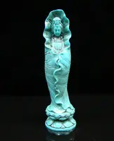 Chinese Turquoise Handmade Carved Statue Kwan-Yin Lotus Exquisite 1
